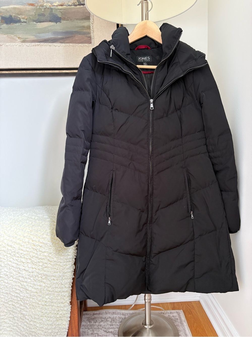 Jones New York Black Long Quilted Puffer Coat with Hood